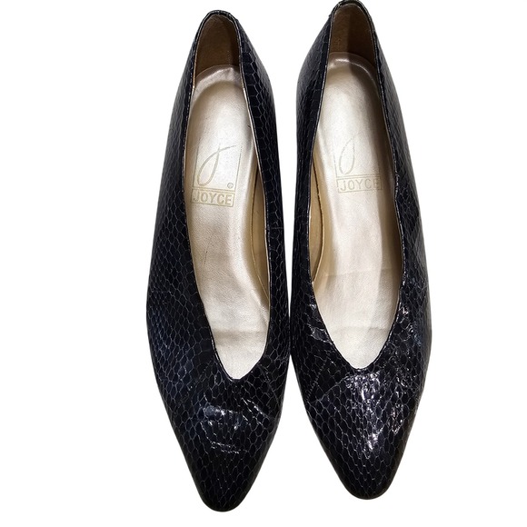 Vtg Joyce Black Snake Embossed Leather Pointed Toe Heels Pumps Womens Size 7M - Picture 4 of 7